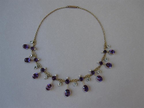 Lot 151 - A late Victorian amethyst, aquamarine and seed pearl fringe necklace