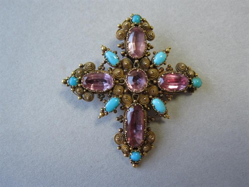 Lot 147 - A Continental topaz, turquoise and cannetille work cross