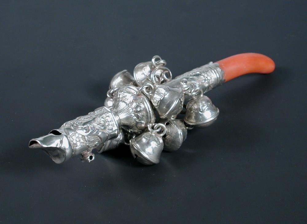 Lot 375 - A Victorian baby's silver whistle, rattle and teether