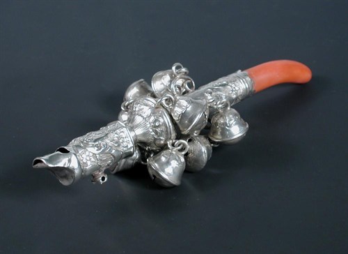 Lot 375 - A Victorian baby's silver whistle, rattle and teether