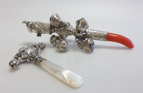 Lot 375 - A Victorian baby's silver whistle, rattle and teether