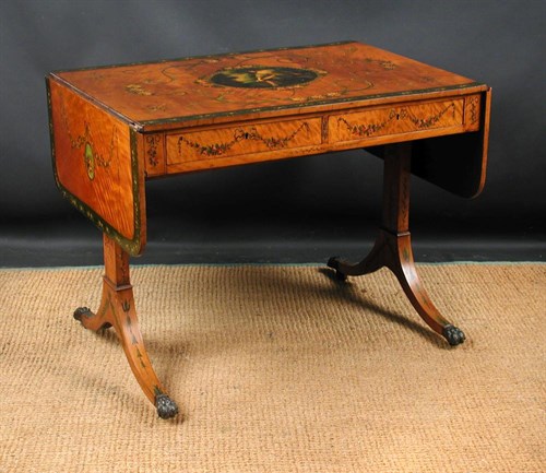 Lot 734 - A Sheraton revival painted satinwood sofa table, circa 1890