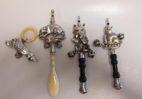 Lot 405 - A child's silver whistle, rattle and teether