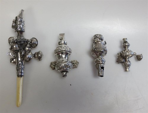 Lot 406 - A late Georgian child's silver whistle, rattle and teether