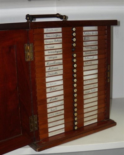 Lot 694 - A mahogany twenty one drawer case of approximately three hundred microscope slides