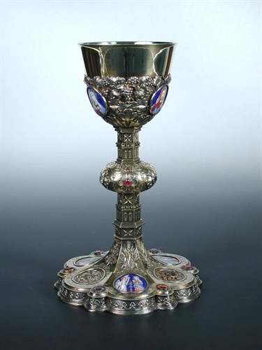 Lot 294 - A mid 19th century French 1st standard silver-gilt, 'gem'-set and enamel decorated  chalice